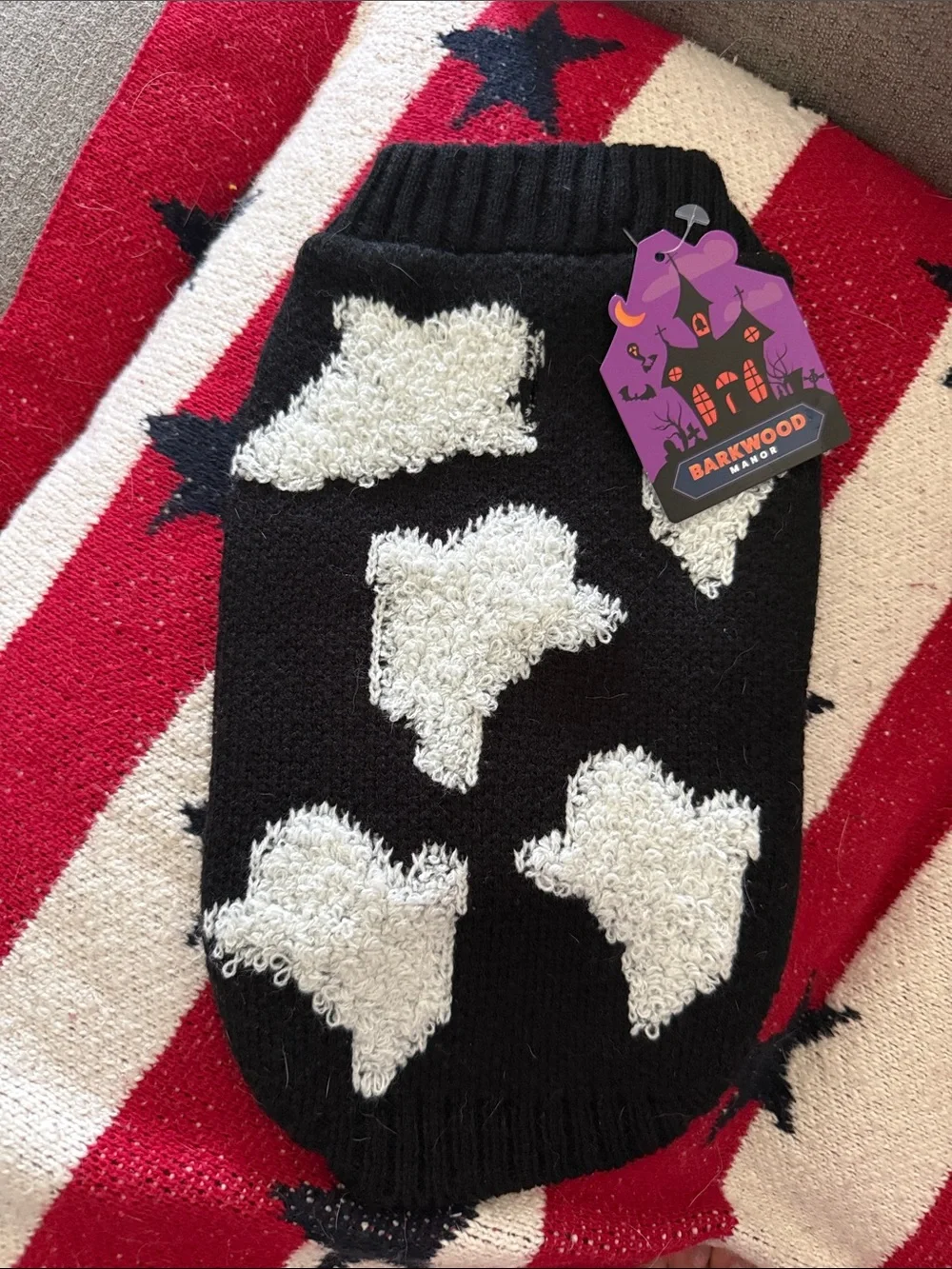Barkwood Black Sweater with White Fuzzy Halloween Ghost Dog Sweater – XS 👻